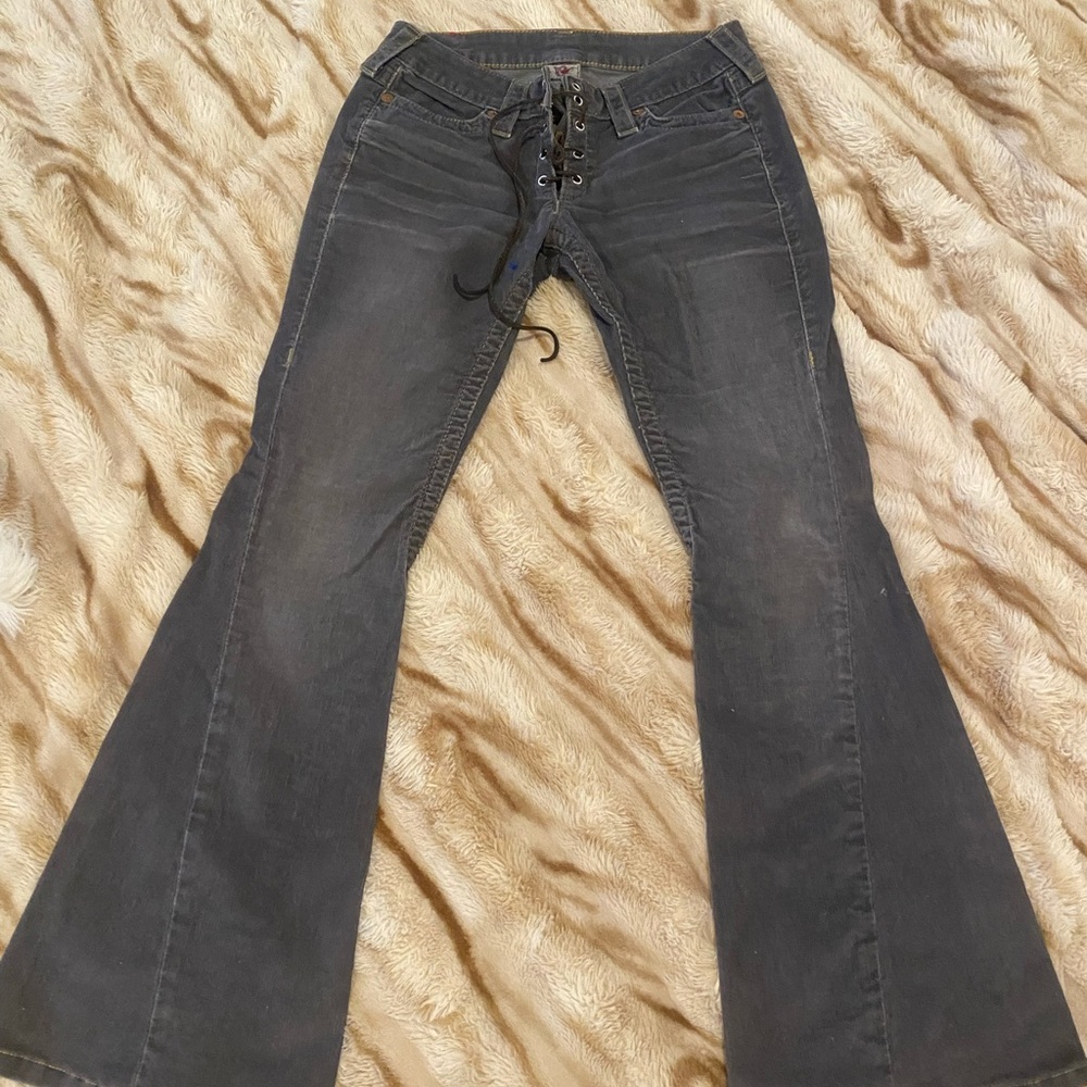 🔥24H SALE!!!!! True Religion tie up rare Gray Flare Wide Leg corduroy Jeans